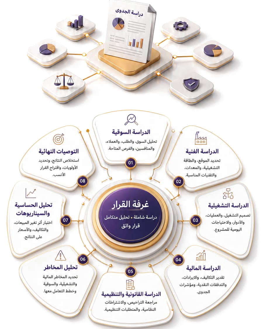 غرفة القرار: ثماني دراسات حول مركز واحد — السوقية والفنية والتشغيلية والمالية والقانونية وتحليل المخاطر والحساسية والتوصيات النهائية