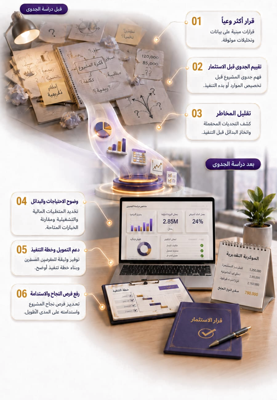 ست فوائد لدراسة الجدوى: قرار أكثر وعيا، تقييم الجدوى قبل الاستثمار، تقليل المخاطر، وضوح الاحتياجات والبدائل، دعم التمويل وخطة التنفيذ، رفع فرص النجاح والاستدامة